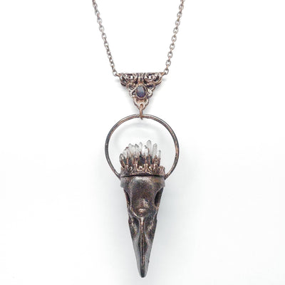 RESIN RAVEN SKULL PENDANT W/ OPAL & CRYSTAL CROWN