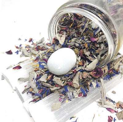 crystal vault cobalt spirituality eco-friendly sustainable products support local makers the ritual moon herbal incense manifestation cleanse selenite crystal infused intuition manifest burn cleanse space amplify manifestation mix flowers sage magical herbs included light gently blow flame best used charcoal white smoke purify areas heat safe dish cauldron incense burner burning dressing candles carried spell work create aroma