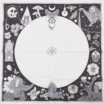 crystal vault cobalt spirituality eco-friendly sustainable products support local makers fox on an island gabriola British Colombia Gabriola BC tarot cloth 100% cotton one square custom printed variety designs cat or mouse collage of images The Fox Tarot The Fox Universe Tarot machine-hemmed machine hemmed studio versatile altar cloth bandana wrap spread surface natural